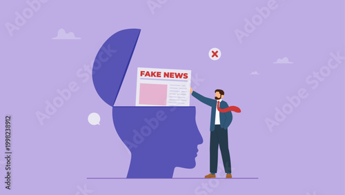 Businessman adding fake news in big human head. Fake news, contemporary media concept.