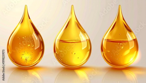 Three golden oil drops on a reflective surface, studio shot.