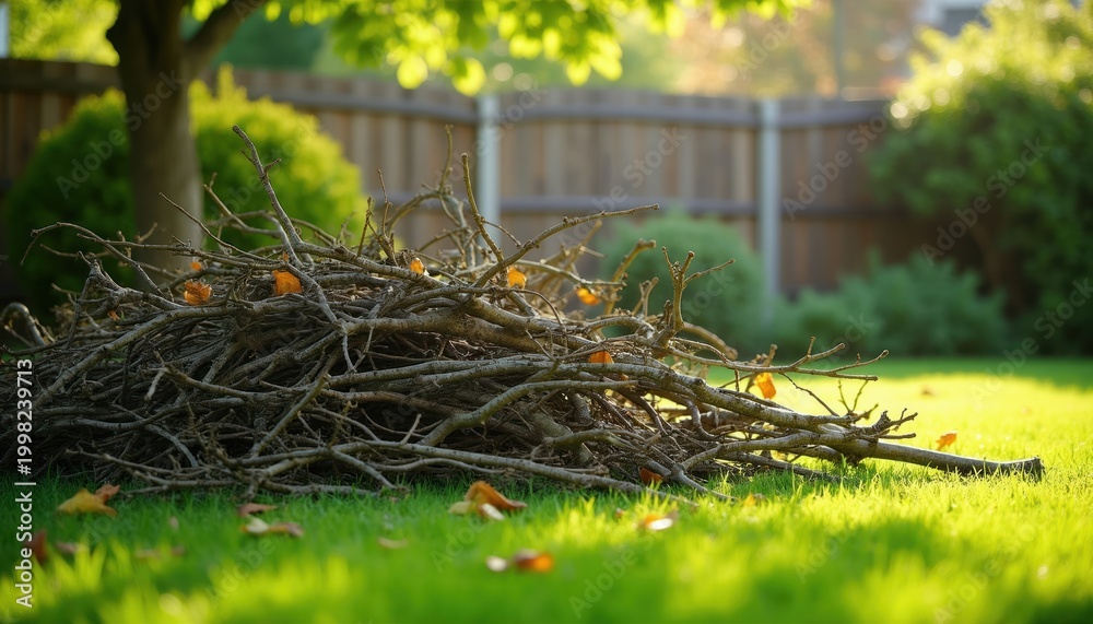 Obraz premium Cut tree branches lie in a pile on green grass in a sunny backyard. Yard work, garden cleanup, and autumn pruning debris are visible against rich foliage and a wooden fence.