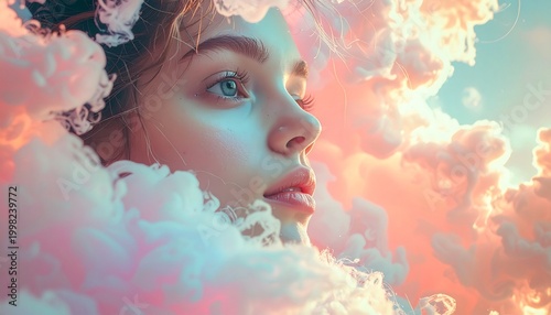 Ethereal Beauty - A Woman Surrounded by Dreamy Clouds and Soft Light.