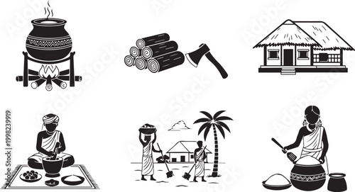 Traditional Sri Lankan Village Life Vector Icon Set, Ancient Rural Culture Illustrations, Black and White Folk Art of Heritage Kitchen, Farming, Wood Cutting and Historic Thatch House Architecture.