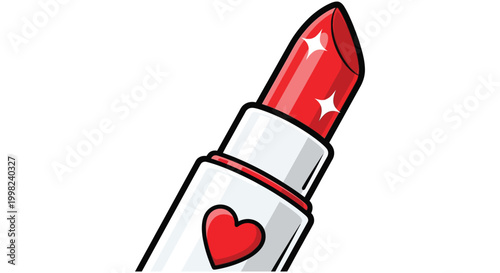 Vibrant red lipstick vector graphic illustration with a heart design on the tube for beauty and cosmetic concepts.