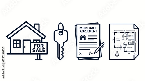 Essential line icons for real estate house for sale, key, mortgage agreement, and blueprint. Visualizing property transactions and home buying journey