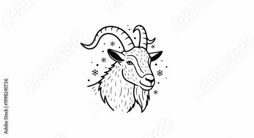 Stylized illustration of a goat's head with swirling horns and snowflakes