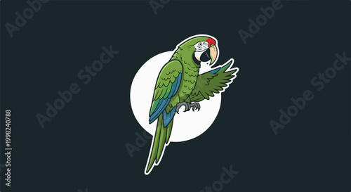 Stylized illustration of a green parrot with blue tail feathers and red markings