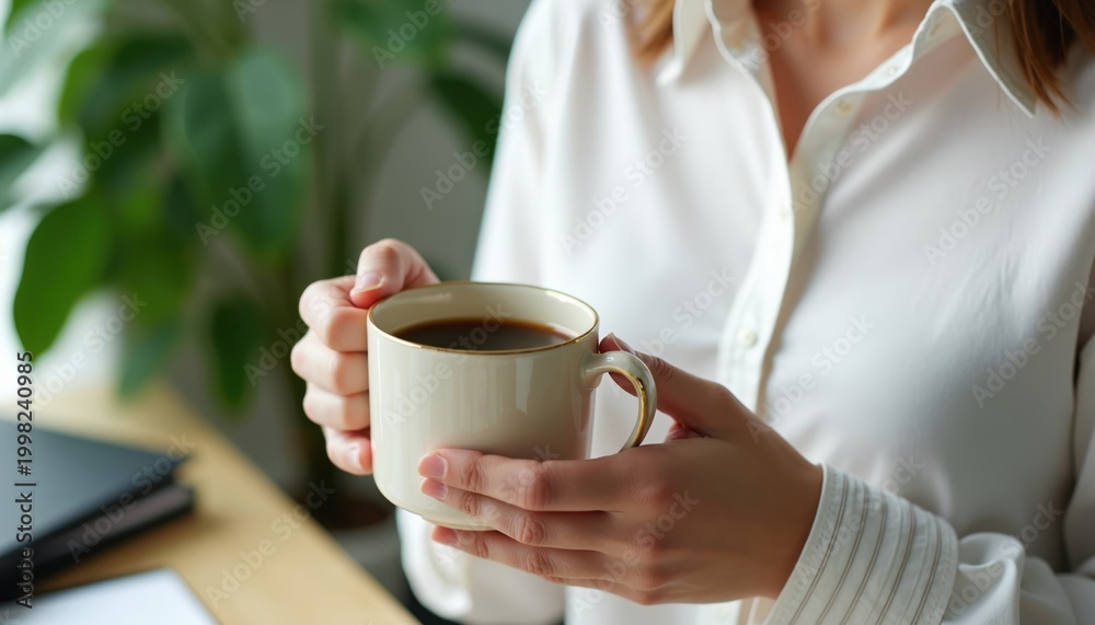 Fototapeta premium Woman holds ceramic mug of black coffee in office. Person enjoys hot beverage near green plant and notebook. Relaxing break with warm drink.