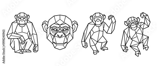 chimpanzee , Geometric Origami line art vector set