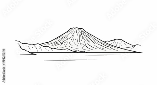 Stylized black and white illustration of a conical mountain range by water