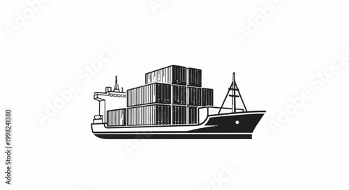 Stylized black and white illustration of a cargo ship laden with stacked containers