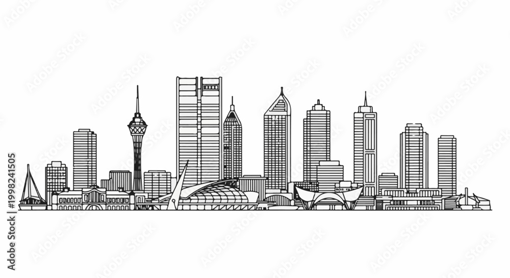 Fototapeta premium Stylized line drawing of a modern city skyline with diverse skyscrapers and a tower
