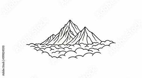 Stylized black and white drawing of multiple mountain peaks above clouds