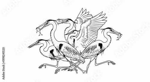 Stylized black and white drawing of herons with fish