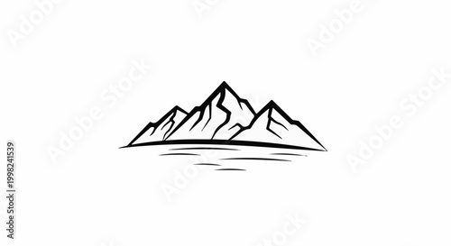 Stylized black and white drawing of majestic mountain peaks reflected in water