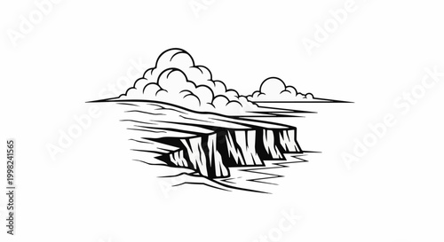 Stylized black and white drawing of dramatic cliffs under cloudy skies