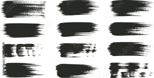 Set of black ink brush strokes and grunge paint splashes isolated on white