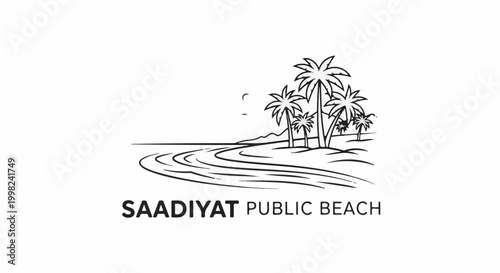 Stylized line art of a tropical beach scene with palm trees and wavy water lines