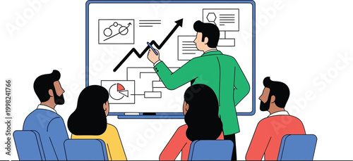 Strategic Vision Unveiled: A presenter uses a marker to illustrate a business plan, his audience listens attentively, ready for strategy 