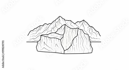 Stylized black and white illustration of jagged mountain peaks and rock formations