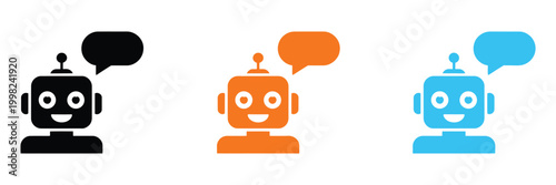 AI chatbot icon with robot and speech bubble representing virtual assistant communication for apps websites customer service and artificial intelligence technology concepts