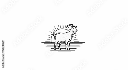 Stylized goat silhouette against a minimalist sunrise with horizontal lines