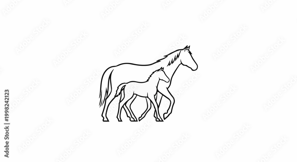 Fototapeta premium Stylized black outline of a mother horse and its foal walking together