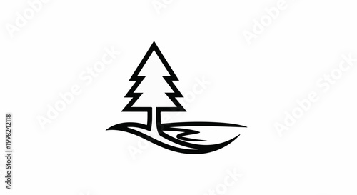 Stylized black evergreen tree on a white background with abstract water element