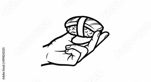 Stylized hand holding a single piece of sushi