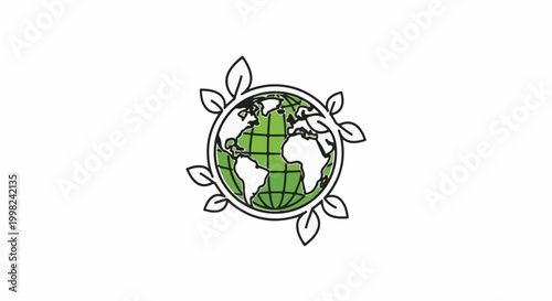 Stylized green earth encircled by leaves, representing global eco-friendliness