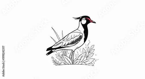Stylized drawing of a bird with distinctive red eye markings standing in foliage