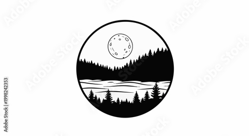 Stylized circular landscape with moonlit forest and water