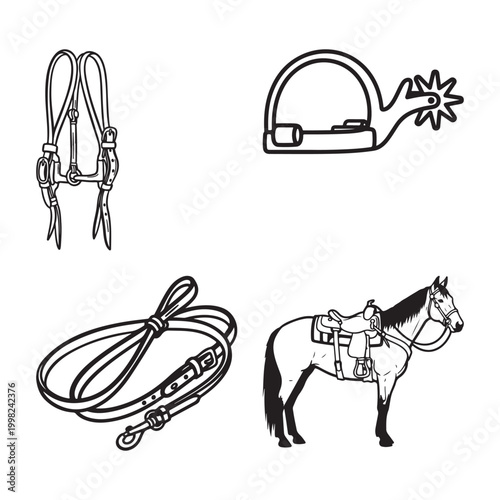 Black and white horse riding equipment and horse