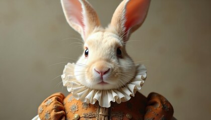 Cute cream rabbit wears elegant old fashion suit with ruff collar. Small animal sits in studio, posing for vintage style portrait. It looks very adorable, gentle and sweet.