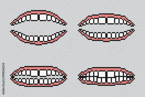 Pixel art teeth bite frames showing open and closing mouth sequence. Retro style set for character animation, game assets and expressive interface elements.