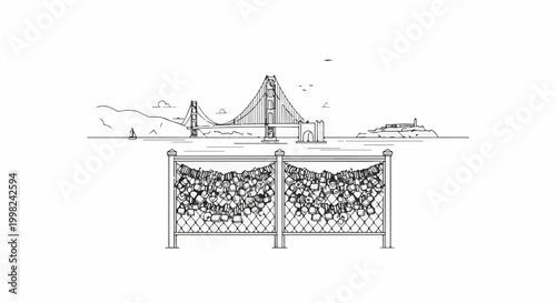Stylized line art of a famous bridge and island, with overflowing bins
