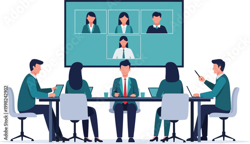 Virtual Conference: Illustrating a dynamic virtual meeting, where colleagues connect across distances for effective team work.