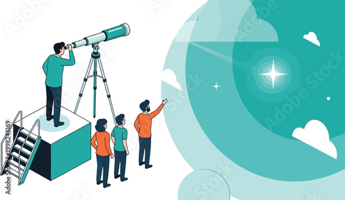 Visionary Exploration: A group of individuals is focused on the future, utilizing a telescope to explore the possibilities while others point towards a bright star.