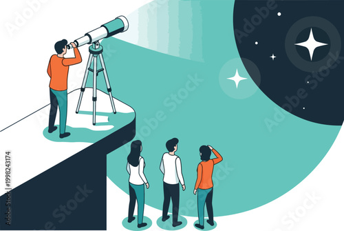 Visionary Horizon: A group gazes upon a distant horizon, one using telescope to observe the future while the others look on, embodying concepts of foresight, strategy, and exploration. 