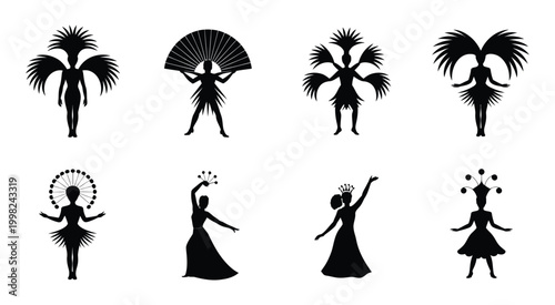 Carnival silhouette icon set with dancing people in traditional costumes suitable for cultural festivals parades entertainment visuals and celebration design projects