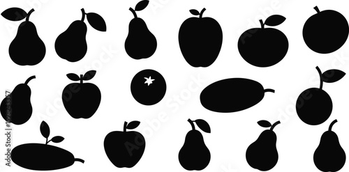 Collection of Black Silhouettes of Various Fruits Including Apples and Pears on White Background blueberry