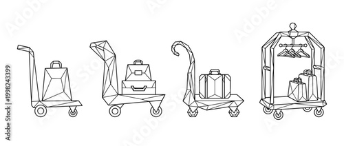 luggage cart , Geometric Origami line art vector set