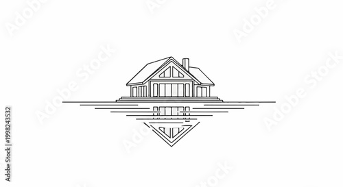 Stylized line art of a modern house with a triangular roof and large windows, reflected in water