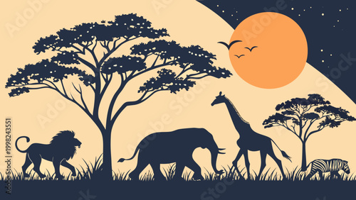Wild animals silhouettes set, safari and nature concept.