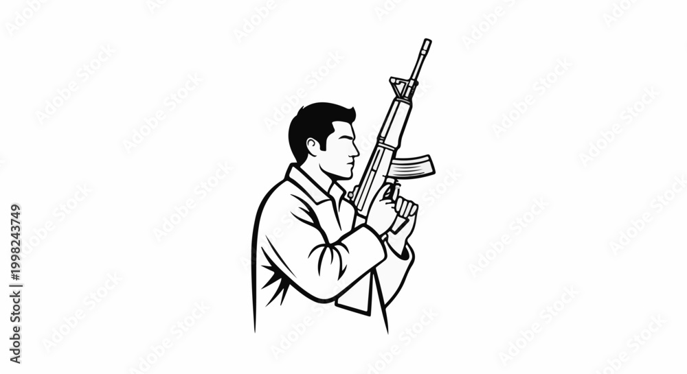 Fototapeta premium Stylized man in profile holding a rifle vertically