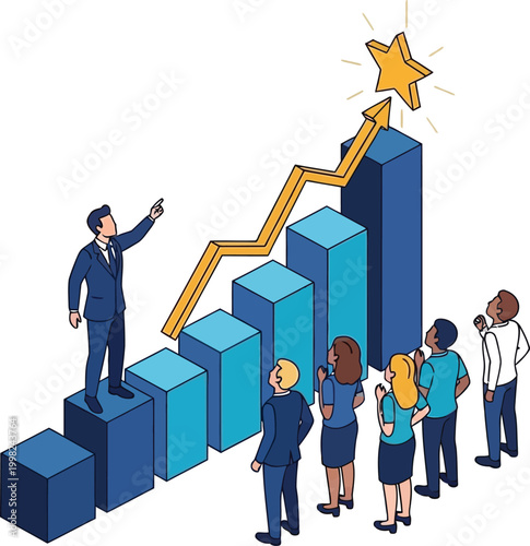 Reaching for the Stars: A leader inspires their team, pointing towards a shining star atop a rising graph, symbolizing ambitious goals and upward trajectory