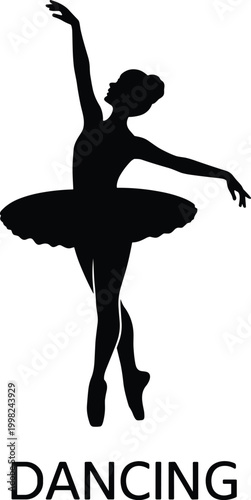 Silhouette of a ballerina in a tutu performing a graceful dance pose with the word DANCING below