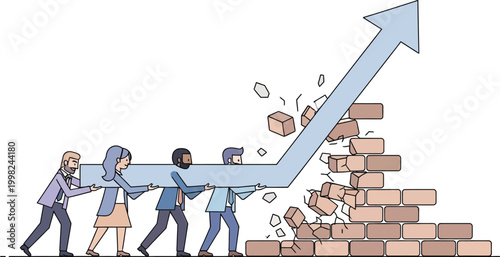 Teamwork and Progress: A group of individuals united in a collaborative effort, guiding a rising arrow that breaks through a barrier of challenges, symbolizing growth, innovation, and perseverance