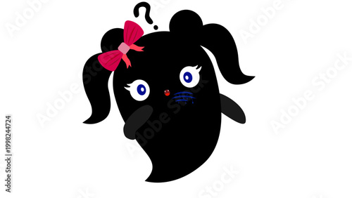 Confused black ghost girl thinking with a question mark and blue blood scratches.