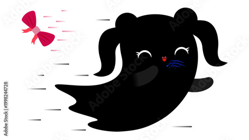 Fast flying cute black ghost girl losing pink bow with blue blood scratches on her face.