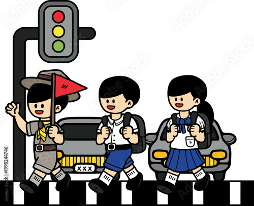 A boy scout is helping a school child cross the street