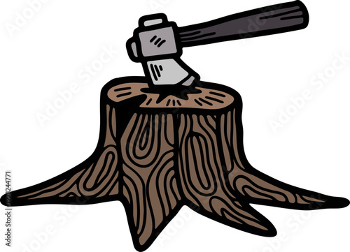 A tree stump with an axe stuck in it